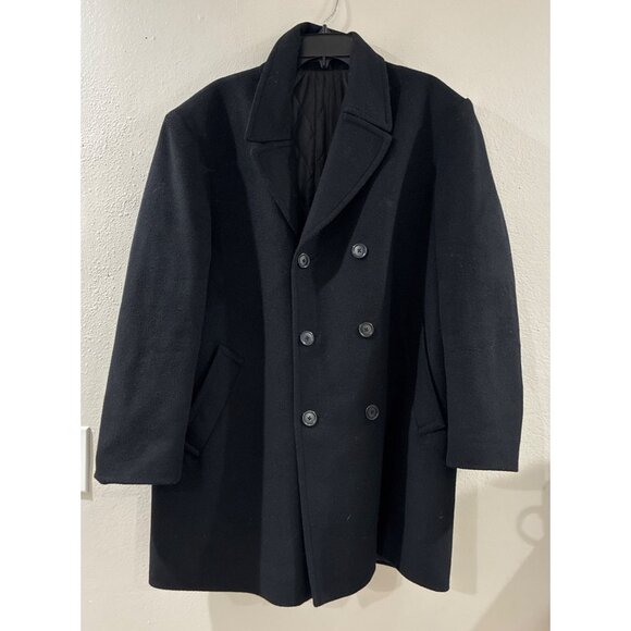Polo Ralph Lauren Mens Black Wool Double-Breasted Coat size 46 L front pocket XL